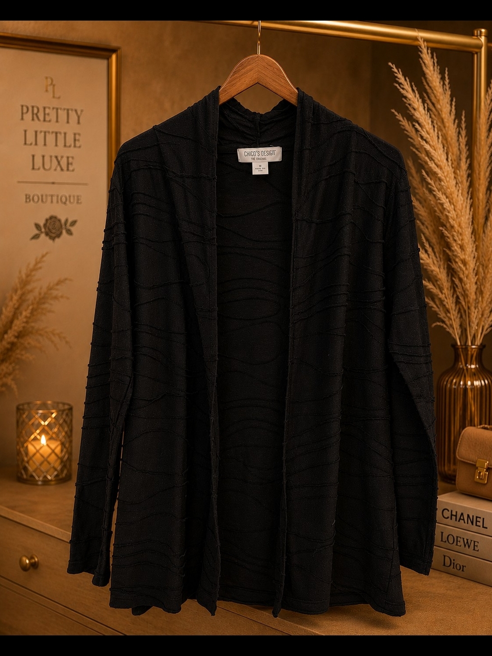 August Silk Black Sheer Textured Mesh Wave Open Front Cardigan Duster Small
